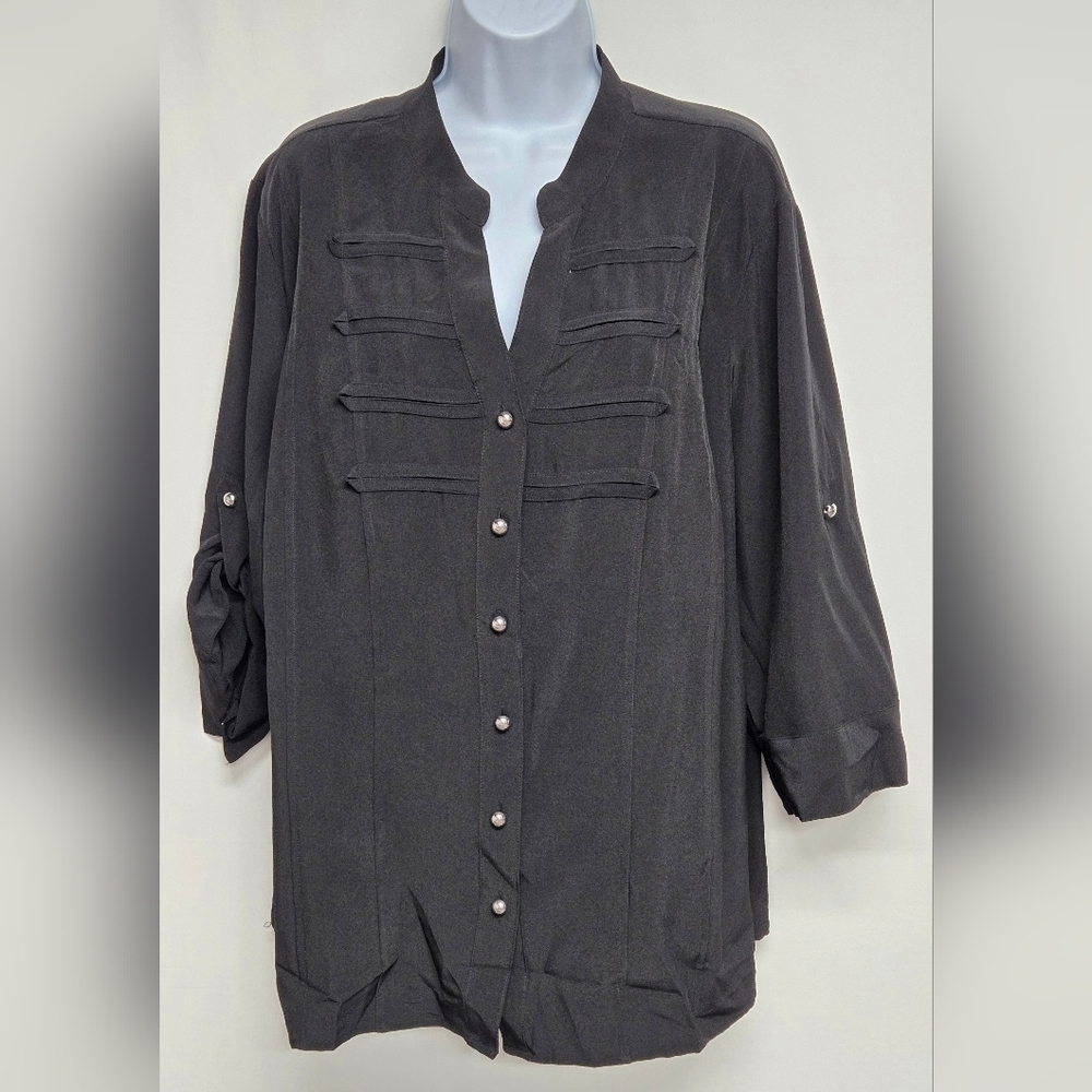 Kathy Che Stretch 18/20W Button Down V Neck Top Adjustable Sleeves Black